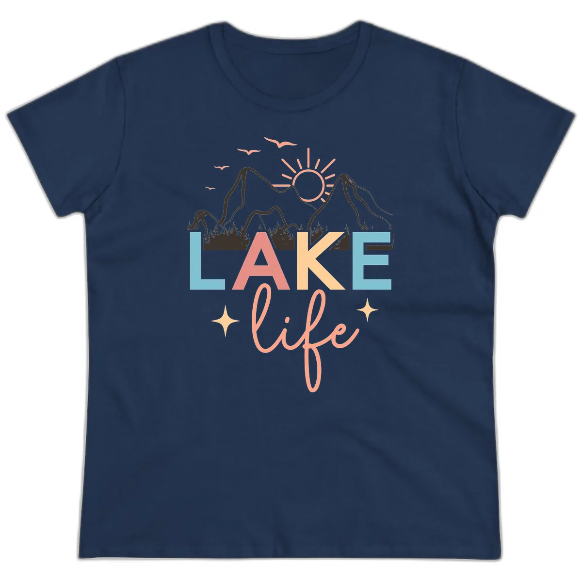 Mountain Lake Life Typography Ladies Tee in Navy
